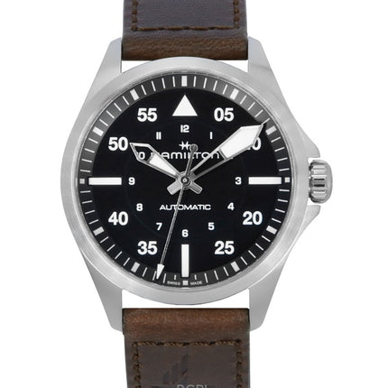 Montre Hamilton Khaki Aviation Pilot pour homme, bracelet en cuir, cadran noir, automatique, H76305530, 100 m