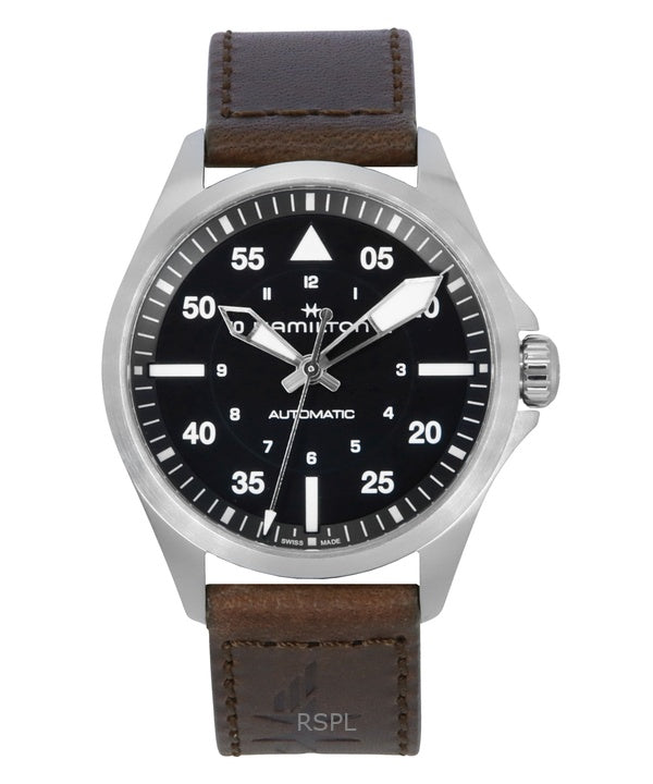 Montre Hamilton Khaki Aviation Pilot pour homme, bracelet en cuir, cadran noir, automatique, H76305530, 100 m