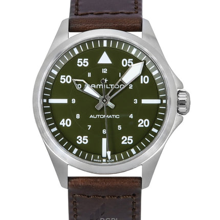 Montre Hamilton Khaki Aviation Pilot pour homme, bracelet en cuir, cadran vert, automatique, H76305560, 100 m
