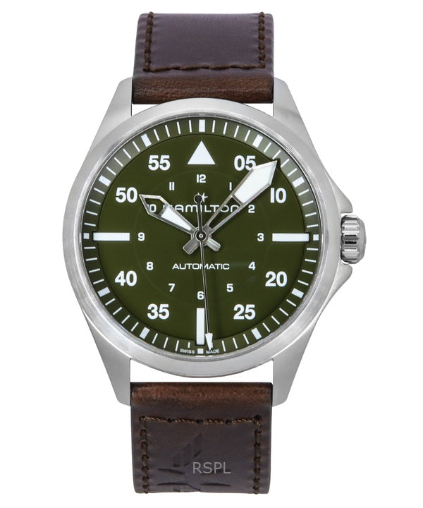 Montre Hamilton Khaki Aviation Pilot pour homme, bracelet en cuir, cadran vert, automatique, H76305560, 100 m