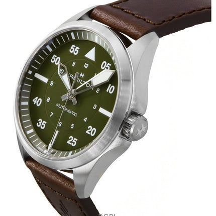 Montre Hamilton Khaki Aviation Pilot pour homme, bracelet en cuir, cadran vert, automatique, H76305560, 100 m
