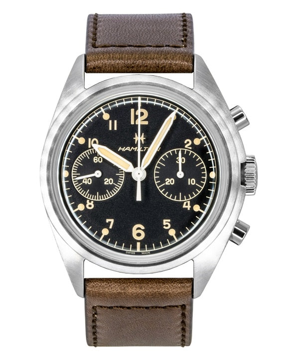 Montre homme Hamilton Khaki Aviation Pilot Pioneer Chronograph, bracelet cuir, cadran noir, mécanique, H76409530, étanche à 100 m