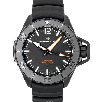 Montre homme Hamilton Khaki Frogman, bracelet en caoutchouc, cadran noir, automatique, étanche à 300 m (H77855330).