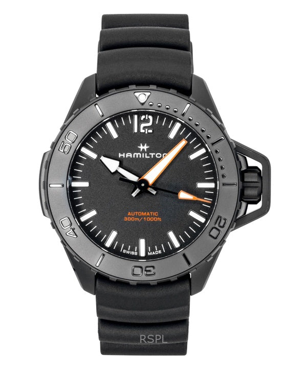 Montre homme Hamilton Khaki Frogman, bracelet en caoutchouc, cadran noir, automatique, étanche à 300 m (H77855330).