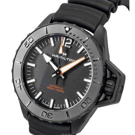 Montre homme Hamilton Khaki Frogman, bracelet en caoutchouc, cadran noir, automatique, étanche à 300 m (H77855330).