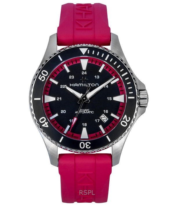 Montre unisexe Hamilton Khaki Navy Scuba Pink avec bracelet en caoutchouc et cadran noir, automatique, H82395330, 100 m