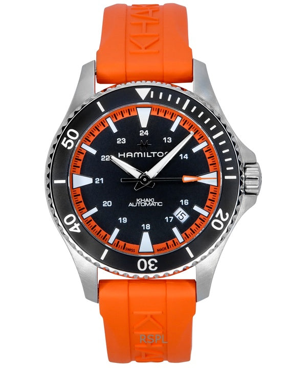 Montre Homme Hamilton Khaki Navy Scuba Orange Bracelet Caoutchouc Cadran Noir Automatique H82395331 100M