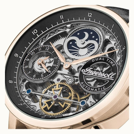 Montre Homme Ingersoll The Jazz Moon Phase Bracelet Cuir Cadran Squelette Noir Automatique I07705