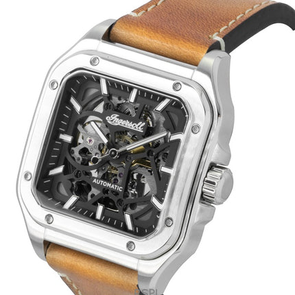 Montre Ingersoll The Ollie pour homme, bracelet en cuir, cadran squelette noir, automatique, I14503