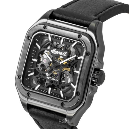 Montre Ingersoll The Ollie pour homme, bracelet en cuir, cadran squelette noir, automatique, I14504