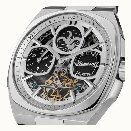 Montre automatique pour homme Ingersoll The Spirit Moon Phase en acier inoxydable avec cadran squelette argenté I15802