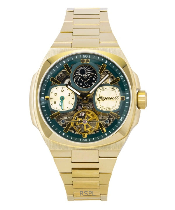 Montre homme Ingersoll The Spirit en acier inoxydable doré, cadran squelette vert, automatique I15803