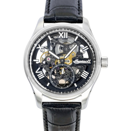 Montre homme Ingersoll The Maverick, bracelet en cuir, cadran squelette noir, automatique I17401