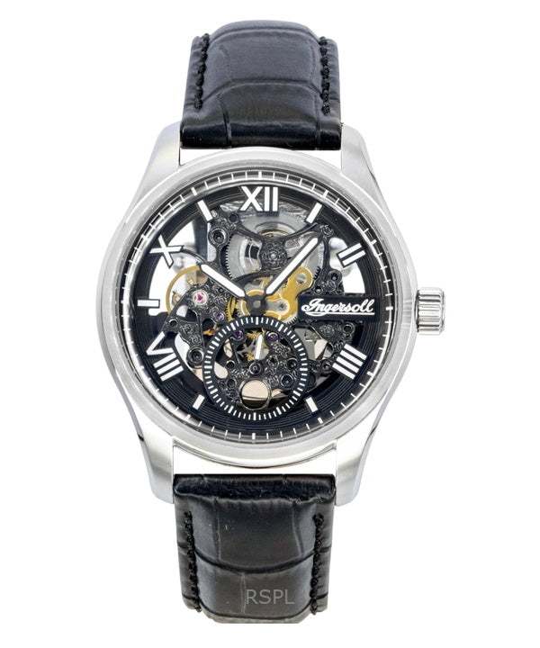 Montre homme Ingersoll The Maverick, bracelet en cuir, cadran squelette noir, automatique I17401