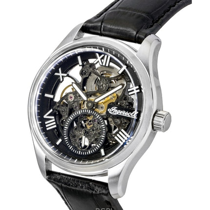 Montre homme Ingersoll The Maverick, bracelet en cuir, cadran squelette noir, automatique I17401