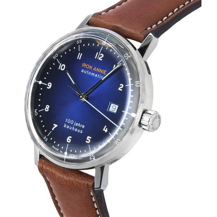 Iron Annie Bauhaus Bracelet en cuir marron Cadran bleu Automatique 50563 Montre pour homme