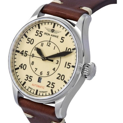 Montre pour homme Iron Annie Flight Control Cockpit avec bracelet en cuir et cadran beige automatique 51565