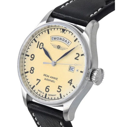 Iron Annie Cockpit Flight Control Bracelet en cuir Cadran beige lumineux automatique 51645 Montre pour homme