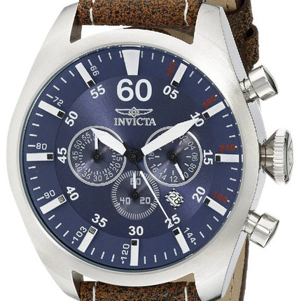 Montre d'aviateur Invicta chronographe cadran bleu en cuir marron foncé 19668 masculin