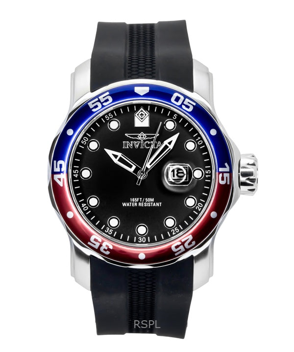 Montre homme Invicta Pro Diver, bracelet en silicone, cadran noir, lunette Pepsi, mouvement à quartz, référence 45735, étanche à 200 m