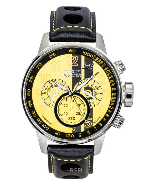 Montre homme Invicta S1 Rally Chronograph GMT, bracelet cuir, cadran jaune et noir, mouvement à quartz, référence 48616, étanche à 100 m
