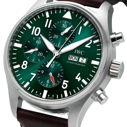 Montre homme IWC Pilots chronographe automatique avec bracelet en cuir et cadran vert IW378005 100M