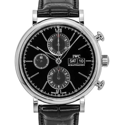 Montre homme IWC Portofino chronographe automatique avec bracelet en cuir et cadran noir IW391029