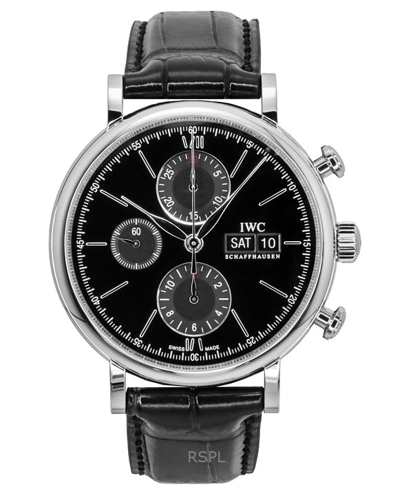 Montre homme IWC Portofino chronographe automatique avec bracelet en cuir et cadran noir IW391029