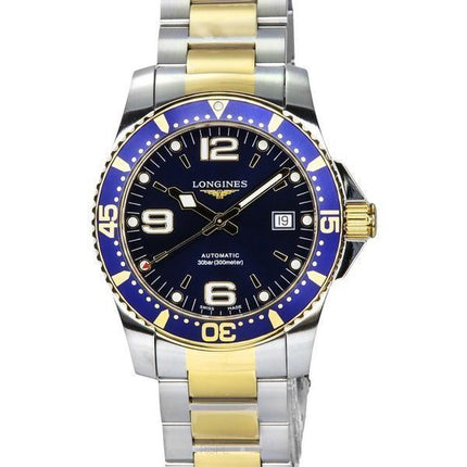 Montre de plongée automatique L3.742.3.96.7 300M pour homme Longines HydroConquest en acier inoxydable bicolore avec cadran bleu