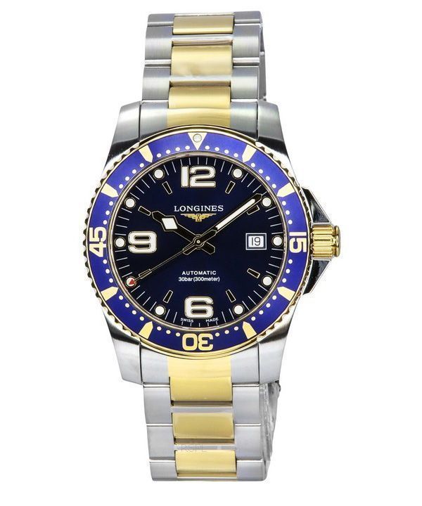 Montre de plongée automatique L3.742.3.96.7 300M pour homme Longines HydroConquest en acier inoxydable bicolore avec cadran bleu