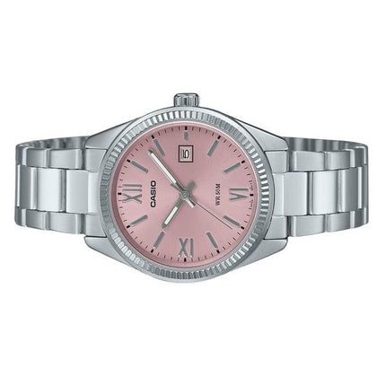 Montre analogique Casio Standard en acier inoxydable avec cadran rose et quartz LTP-1302DD-4A1V pour femme