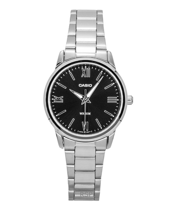 Montre Casio analogique pour femme, cadran noir, acier inoxydable, mouvement à quartz LTP-1303DD-1AV