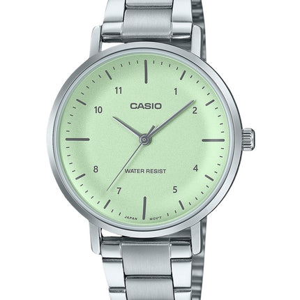 Montre analogique Casio Standard en acier inoxydable avec cadran vert menthe et quartz LTP-VT03D-3B pour femme