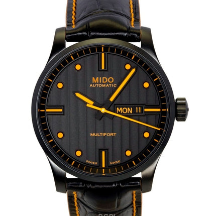 Montre homme Mido Multifort Édition Spéciale, bracelet cuir, cadran noir, automatique, étanche à 100 m, avec bracelet supplémentaire (réf. M005.430.36.051.80).