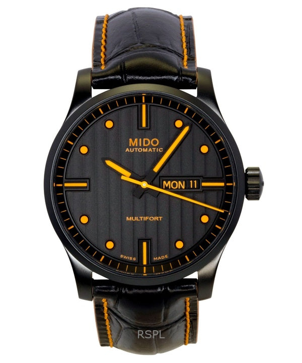 Montre homme Mido Multifort Édition Spéciale, bracelet cuir, cadran noir, automatique, étanche à 100 m, avec bracelet supplémentaire (réf. M005.430.36.051.80).