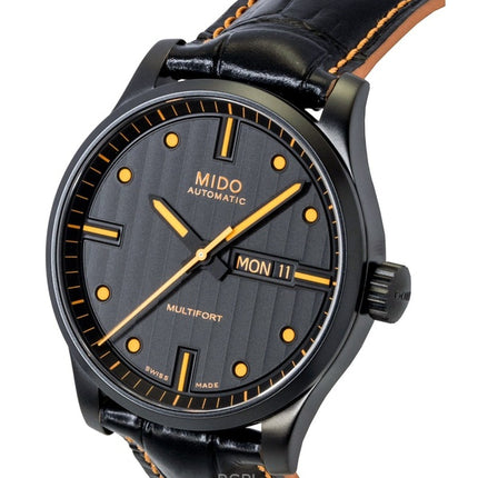 Montre homme Mido Multifort Édition Spéciale, bracelet cuir, cadran noir, automatique, étanche à 100 m, avec bracelet supplémentaire (réf. M005.430.36.051.80).