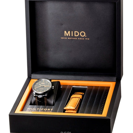 Montre homme Mido Multifort Édition Spéciale, bracelet cuir, cadran noir, automatique, étanche à 100 m, avec bracelet supplémentaire (réf. M005.430.36.051.80).