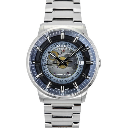 Montre homme Mido Commander Gradient en acier inoxydable, cadran squelette bleu, automatique M021.407.11.411.01