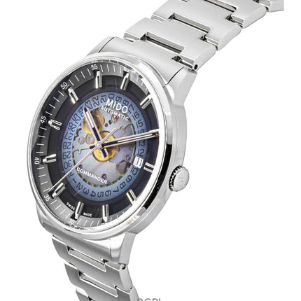 Montre homme Mido Commander Gradient en acier inoxydable, cadran squelette bleu, automatique M021.407.11.411.01
