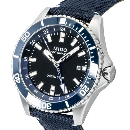 Montre homme Mido Ocean Star GMT, bracelet en tissu, cadran noir, automatique, étanche à 200 m, référence M026.629.17.051.00