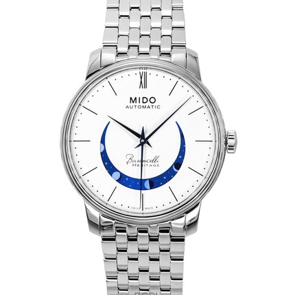 Montre homme Mido Baroncelli Smiling Moon en acier inoxydable, cadran blanc, automatique, M027.407.11.010.01