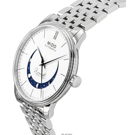 Montre homme Mido Baroncelli Smiling Moon en acier inoxydable, cadran blanc, automatique, M027.407.11.010.01