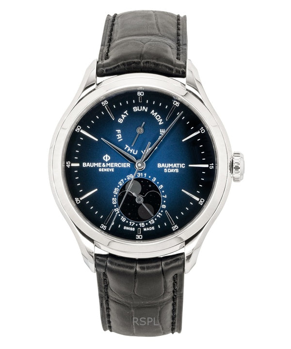 Montre homme Baume &amp; Mercier Clifton, bracelet cuir, phase de lune, cadran bleu, automatique M0A10593
