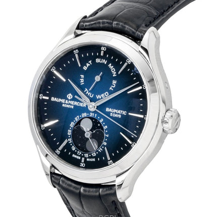 Montre homme Baume &amp; Mercier Clifton, bracelet cuir, phase de lune, cadran bleu, automatique M0A10593