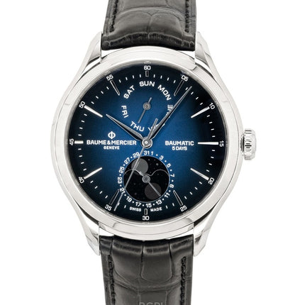 Montre homme Baume &amp; Mercier Clifton, bracelet cuir, phase de lune, cadran bleu, automatique M0A10593