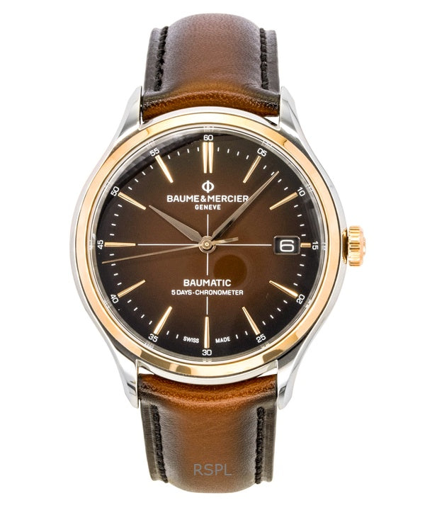 Montre homme Baume &amp; Mercier Clifton, bracelet cuir, cadran marron, automatique M0A10713