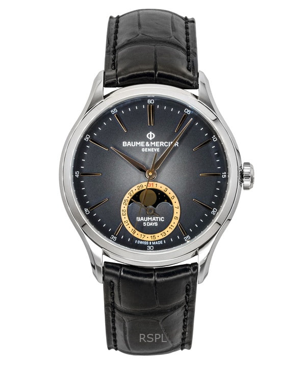 Montre homme Baume &amp; Mercier Clifton, bracelet cuir, phase de lune, cadran noir, automatique M0A10758