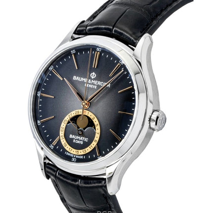 Montre homme Baume &amp; Mercier Clifton, bracelet cuir, phase de lune, cadran noir, automatique M0A10758