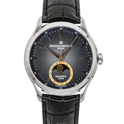 Montre homme Baume &amp; Mercier Clifton, bracelet cuir, phase de lune, cadran noir, automatique M0A10758