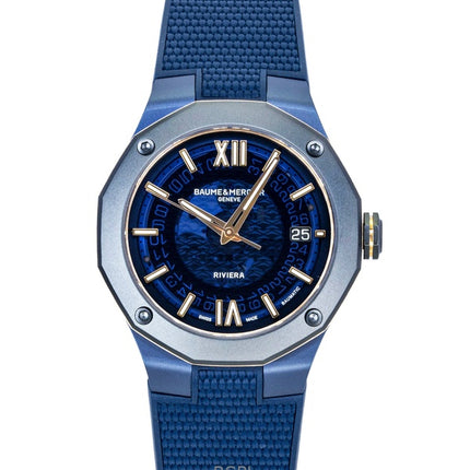 Montre homme Baume &amp; Mercier Riviera, bracelet en caoutchouc, cadran bleu, automatique M0A10769, étanche à 100 m